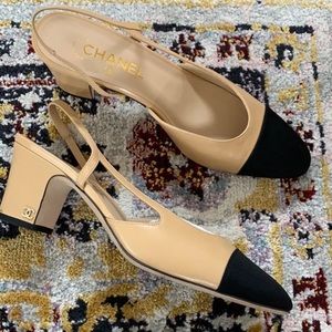 Chanel Beige Black Slingbacks Size 41